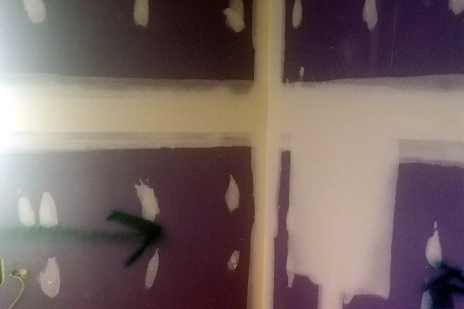 Drywall with one coat of compound over the seams and every screw head covered